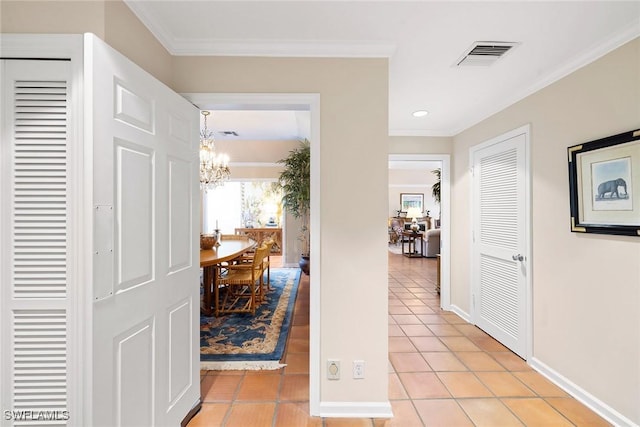 3323 Gin Ln, Naples, FL 34102 - corridor featuring light tile patterned flooring, a chandelier, crown molding, recessed lighting, and baseboards