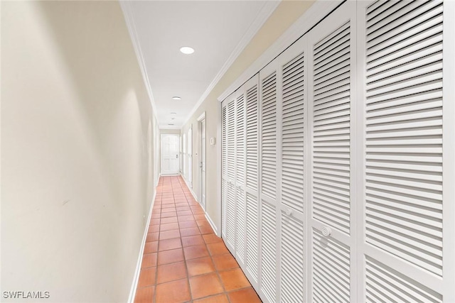 3323 Gin Ln, Naples, FL 34102 - hallway featuring tile patterned flooring, ornamental molding, recessed lighting, and baseboards