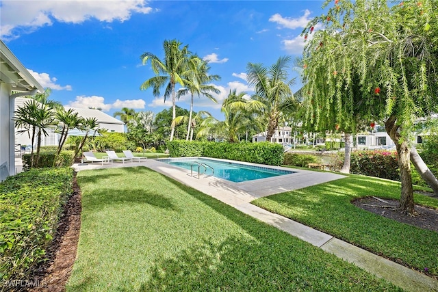 view of pool featuring a lawn