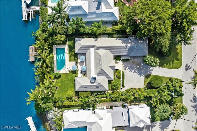 drone / aerial view featuring a water view