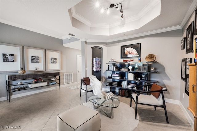 interior space featuring a raised ceiling and crown molding