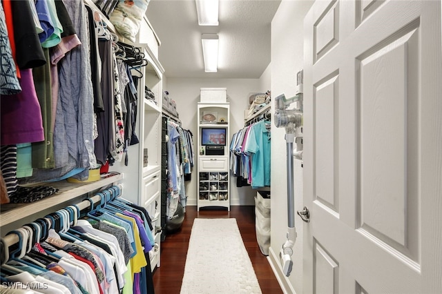 walk in closet featuring dark wood-style flooring