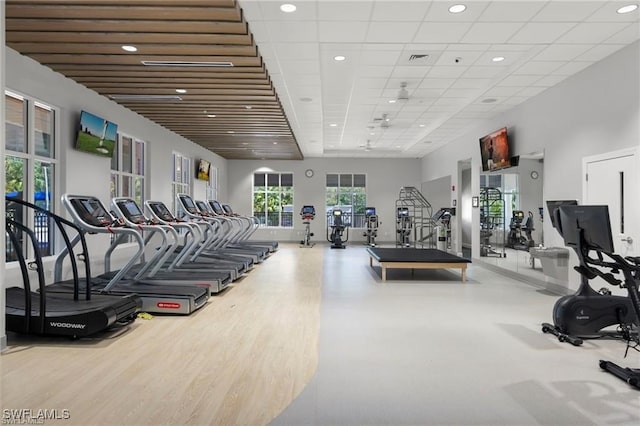 exercise room featuring a drop ceiling, a towering ceiling, and light hardwood / wood-style floors