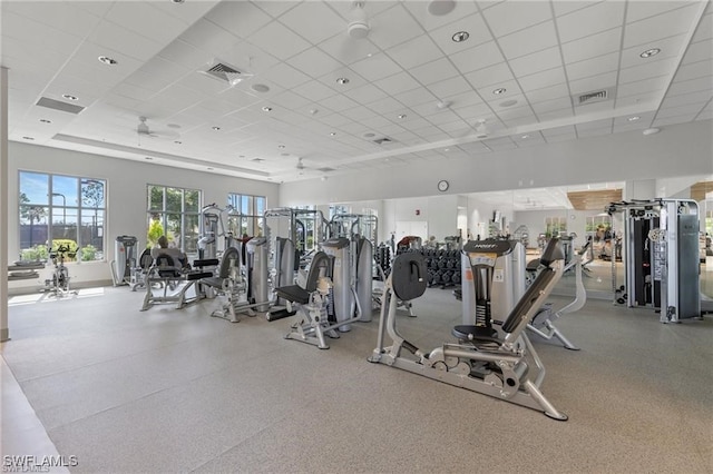 gym featuring a paneled ceiling and ceiling fan