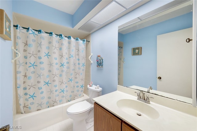 full bathroom featuring tile patterned floors, vanity, shower / bathtub combination with curtain, and toilet