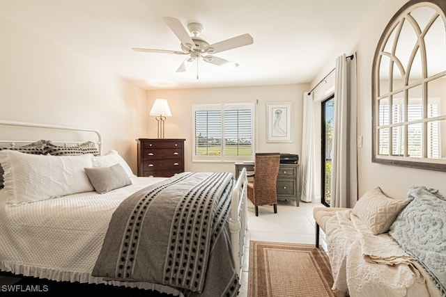 bedroom with light tile patterned flooring and ceiling fan