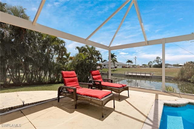 view of patio featuring a water view