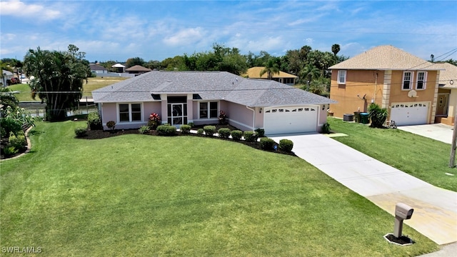 ranch-style house featuring a front lawn and a garage