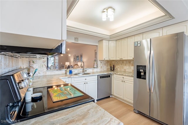 kitchen featuring backsplash, stainless steel appliances, a raised ceiling, sink, and light hardwood / wood-style flooring