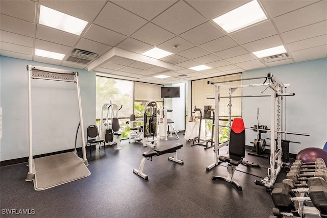 gym featuring a paneled ceiling and a wall of windows