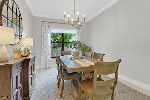 dining space with a notable chandelier, light tile patterned flooring, and ornamental molding