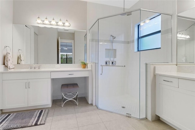 bathroom featuring vanity, tile patterned flooring, and walk in shower