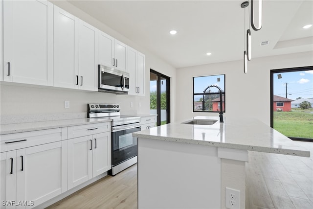 kitchen featuring sink, appliances with stainless steel finishes, an island with sink, and plenty of natural light