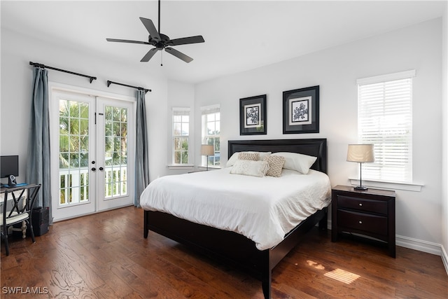 bedroom featuring dark wood-type flooring, access to exterior, french doors, and ceiling fan