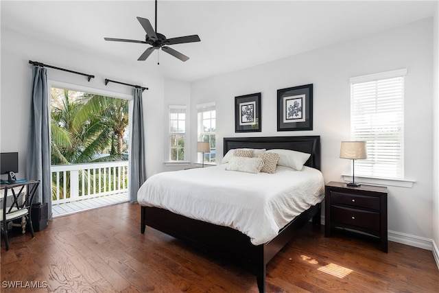 bedroom featuring ceiling fan, access to exterior, and dark hardwood / wood-style flooring