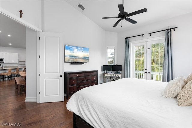 bedroom with ceiling fan, access to exterior, high vaulted ceiling, and dark hardwood / wood-style flooring