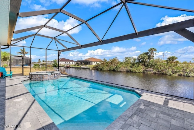 view of pool with an in ground hot tub, a patio, a water view, and a lanai