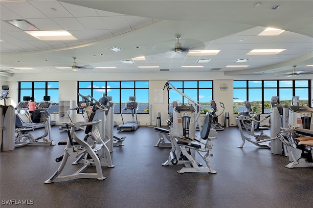 workout area with a paneled ceiling and ceiling fan