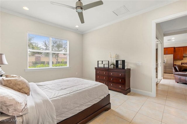 bedroom featuring ornamental molding, ceiling fan, and stainless steel fridge