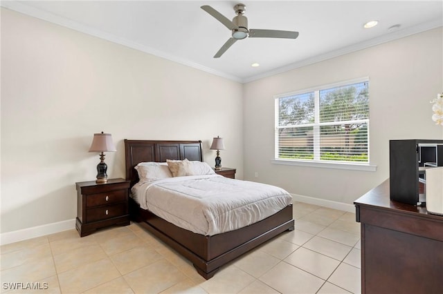 bedroom featuring light tile patterned flooring, ceiling fan, and crown molding