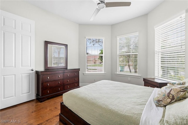 bedroom featuring ceiling fan and hardwood / wood-style floors