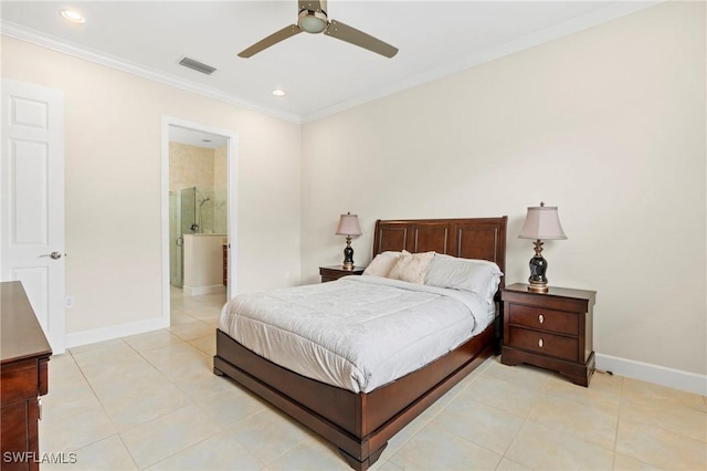 tiled bedroom with ceiling fan, connected bathroom, and ornamental molding