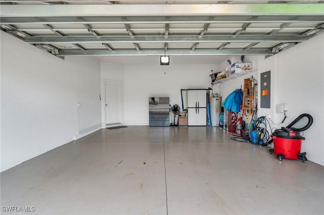 garage with electric panel, a garage door opener, and electric water heater