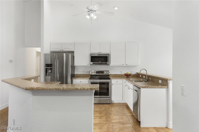 kitchen featuring sink, white cabinets, kitchen peninsula, and stainless steel appliances