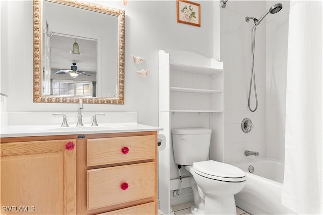 full bathroom with tile patterned flooring, ceiling fan, vanity, shower / bath combo, and toilet