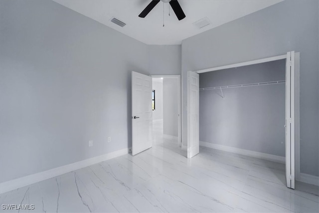 unfurnished bedroom with a closet and ceiling fan