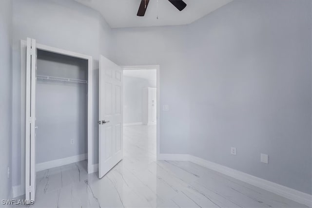 unfurnished bedroom with a closet and ceiling fan