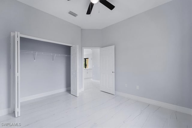 unfurnished bedroom with a closet and ceiling fan