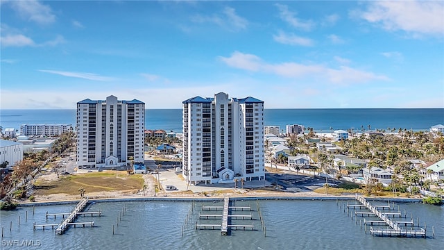 drone / aerial view with a water view