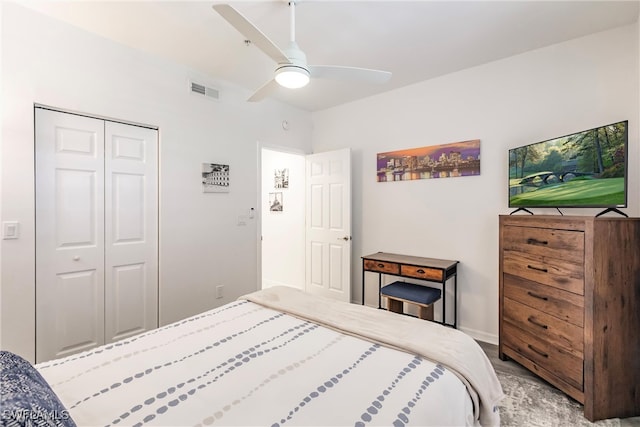 bedroom featuring a closet and ceiling fan