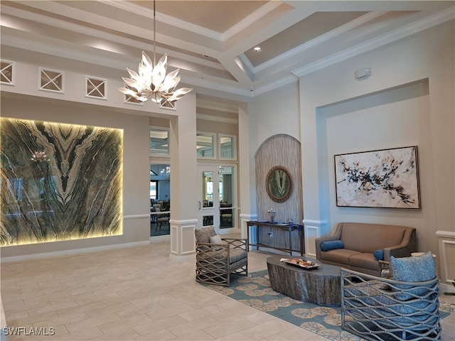 living room featuring coffered ceiling, beam ceiling, crown molding, and an inviting chandelier