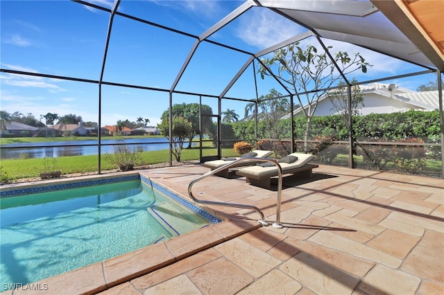 view of pool featuring a lanai, a patio, and a water view