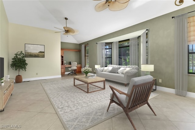 living room featuring light tile patterned flooring, vaulted ceiling, and ceiling fan