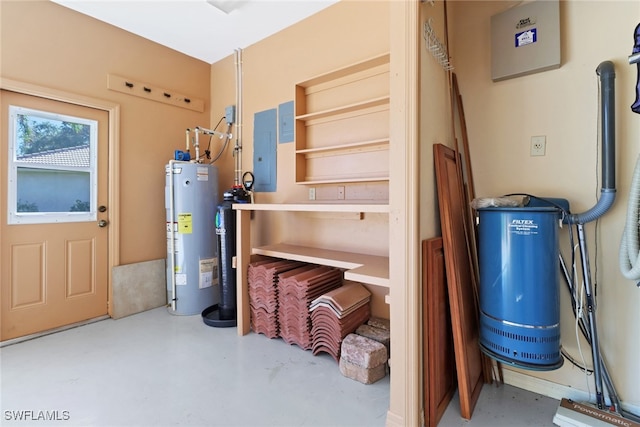 utility room featuring electric panel and water heater