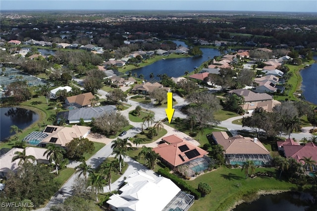 aerial view featuring a water view