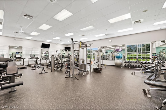 gym featuring ceiling fan and a paneled ceiling