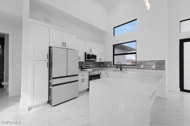 kitchen with white cabinetry, appliances with stainless steel finishes, a high ceiling, and sink