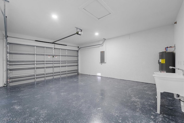 garage featuring sink, a garage door opener, electric panel, and water heater