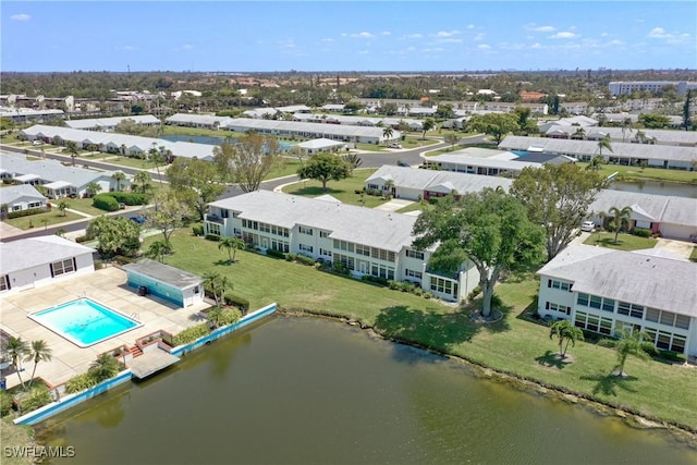 drone / aerial view featuring a water view
