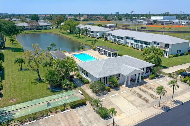 drone / aerial view with a water view