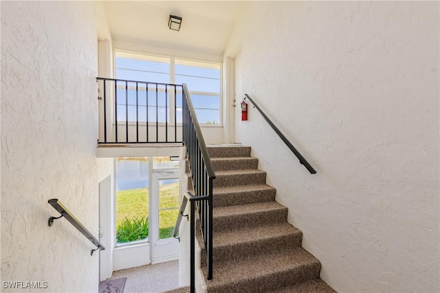 stairs with carpet flooring, a textured wall, and plenty of natural light