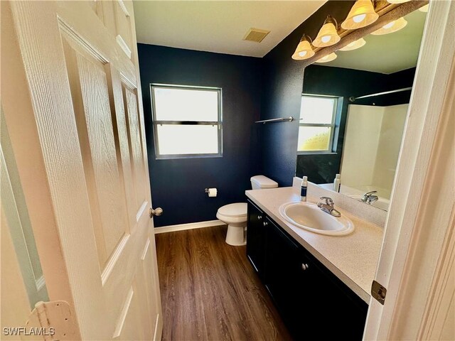 bathroom with vanity, wood-type flooring, and toilet