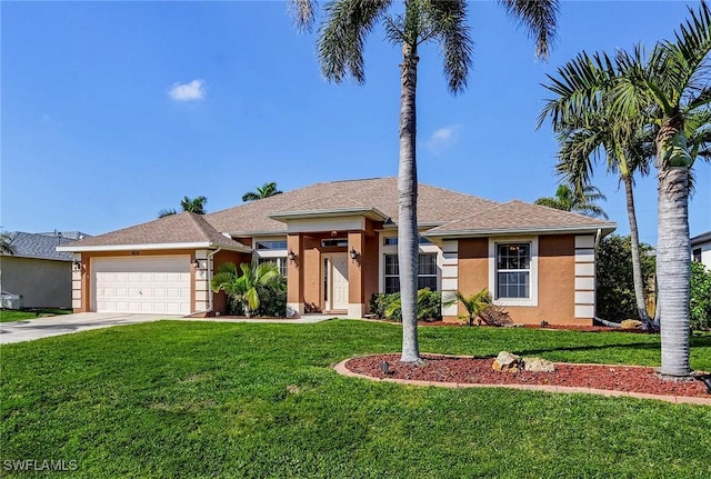 single story home with a garage and a front yard