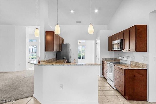 kitchen featuring light colored carpet, stainless steel appliances, hanging light fixtures, and a wealth of natural light