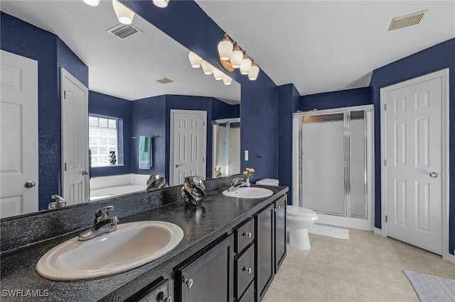 full bathroom with vanity, toilet, and independent shower and bath