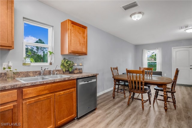 kitchen with sink, light hardwood / wood-style flooring, and dishwasher